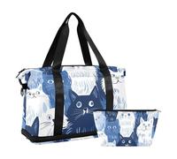 Divertente borsone da viaggio oversize con gatti angora turchi, blu navy_1, borsone da viaggio per weekender/pernottamento con borsa da toilette per yoga, set da 2 pezzi, Divertente Angora turca gatti