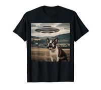 Divertente Boston Terrier Selfie UFO Astronave Aliena Amante dei Cani Maglietta