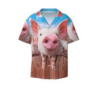 Divertente camicia a maniche corte da uomo con stampa di maiale, camicia alla moda con colletto cubano abbottonata per estate, spiaggia., Nero , XL