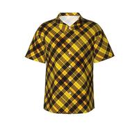 Divertente camicia hawaiana da uomo a maniche corte con stampa scozzese gialla grigia nera abbottonata spiaggia vacanza camicia tropicale, nero, M