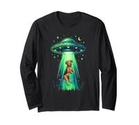 Divertente Cane Alien Abduction UFO Disco Volante Maglia a Manica