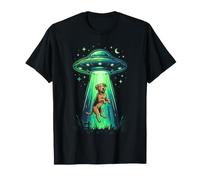 Divertente Cane Alien Abduction UFO Disco Volante Maglietta