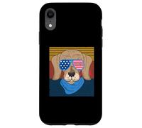 Divertente cane grafico con occhiali bandiera USA su sfondo tramonto Custodia per iPhone XR