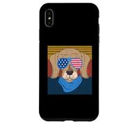 Divertente cane grafico con occhiali bandiera USA su sfondo tramonto Custodia per iPhone XS Max