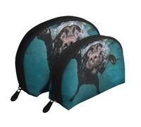 Divertente cane nero Labrador Retriever che nuota con il volto espressivo, Borsa per trucco a conchiglia Portamonete da donna Borsa da toilette piccola Borsa per cosmetici 2 pezzi