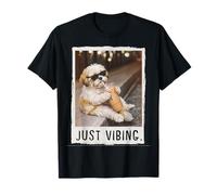 Divertente Cane Shih Tzu Che beve caffè Freddo Just Vibing Meme Maglietta