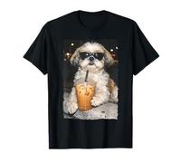 Divertente Cane Shih Tzu Che beve caffè Freddo Meme Divertente Maglietta