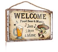 Divertente cartello artistico da bagno Welcome To Our Place: Food, Beer & Music! Cartello in legno per portico autunnale cartello da parete per cucina (23 x 35 cm)
