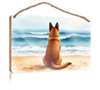 Divertente cartello artistico da parete per bagno con cane che guarda le onde sulla spiaggia, cartello in legno per uomo decorazione per ufficio (23 x 35 cm)