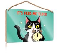 Divertente cartello da bagno da parete con scritta "Feed Me Time!" - Gatto con orologio, accessorio da scrivania per donne e uomini (23 x 35 cm)