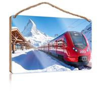 Divertente cartello decorativo da parete per il bagno, un treno rosso su piste innevate con montagne sullo sfondo, cartello boschivo, decorazione da parete per la casa in legno (20 x 30 cm)