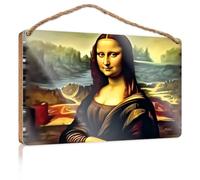Divertente cartello decorativo in legno con scritta in inglese "Leonardo Da Vinci's Monna Lisa: A Masterpiece reinventato", cartello da parete da appendere (23 x 35 cm)