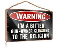 Divertente cartello decorativo in legno con scritta in lingua inglese "Warning: Bitter Gun Owner Clinging To Religion", cartello in legno da appendere alla parete (20 x 30 cm)
