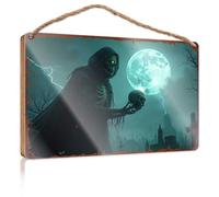 Divertente cartello decorativo in legno con scritta "Nightmare Moon: The Grim Reaper's Haunting Presence" (lingua italiana non garantita)