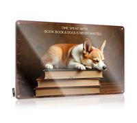 Divertente cartello in latta con scritta "Time Spent With Books And Dogs Is Never Wasted", decorazione per la porta della camera da letto, accessori per bar, 20 x 30 cm