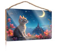 Divertente cartello in legno con gatto che sogna sotto il cielo illuminato di luna, decorazione da appendere alla porta del bagno (15 x 28 cm)