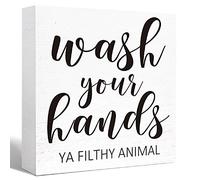 Divertente cartello in legno per bagno Wash Your Hands Ya Filthy Animal Wood Block Sign per mensola del bagno, WC, decorazione da tavolo per casa, scrivania, fattoria, bagno, scatola di legno, 12,7 x