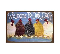 Divertente cartello in metallo con gallina, scritta "Welcome to Our Coop", cartello da cortile per garage, fattoria, giardino, decorazione da parete per esterni, per recinzioni domestiche, 20 x 30 cm