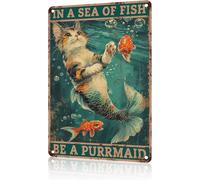Divertente cartello in metallo con gatto in un mare di pesci, sii una fanciulla, cartello in latta vintage, cartelli in metallo retrò per garage, bar, caffetteria, stanza, bagno, club d'arte, regalo