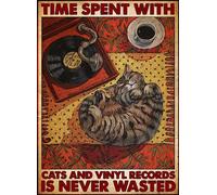 Divertente cartello in metallo per esterni Targa in metallo Time Spent with Cats and Vinyl Records is Never Wasted Targa in metallo retrò per la decorazione della parete del caffè della casa 15,2 x