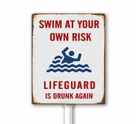 Divertente cartello per piscina con scritta "Swim At Your Own Risk", vintage, divertente, targa di sicurezza per piscina, spiaggia, parco acquatico, in alluminio, con paletto, decorazione per piscina,