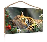 Divertente cartello per porta del bagno con leopardo che riposa nella giungla, in legno, decorazione per fattoria, cartello da appendere alla porta (20 x 30 cm)