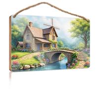 Divertente cartello per porta del bagno, con scritta "Cozy Cottage By The River", in legno, decorazione per fattoria (23 x 35 cm)