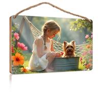 Divertente cartello per porta dell'ufficio con ragazza e cane in un giardino di fiori, cartello in legno da parete per cucina, decorazione vintage (15 x 28 cm)