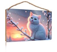 Divertente cartello per porta per ufficio, gatto bianco su un ramo innevato al tramonto, cartello in legno per la decorazione della casa, divertente regalo di caccia (23 x 35 cm)