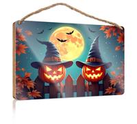 Divertente cartello per porta per ufficio, zucche di Halloween con cappelli da strega sotto la luna piena, cartello in legno per la decorazione della casa, regalo divertente per caccia (20 x 30 cm)