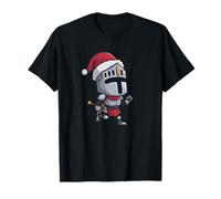 Divertente Cavaliere con Cappello di Babbo Natale e Costume da Elmo di Ferro Maglietta