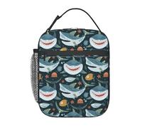 Divertente "Chiudi gli occhi e sorridi" a forma di squalo, borsa per il pranzo portatile, isolata, di grande capacità, con cerniera, tasca esterna in rete.