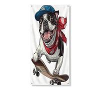 Divertente copertura per porta esterna con cane Boston Terrier, 91 x 182 cm, per skateboard, per la casa dei cuccioli, decorazione per porta anteriore e posteriore, decorazione divertente per la casa