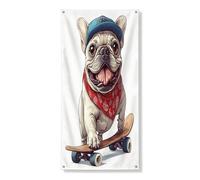 Divertente copertura per porta esterna con cane bulldog francese, 91 x 182 cm, skateboard sport cucciolo casa anteriore posteriore banner ingresso uscita decorazione, fresco divertente animale