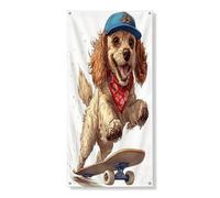 Divertente copertura per porta esterna con cane Cocker Spaniel americano, 91 x 182 cm, skateboard sport cucciolo anteriore porta posteriore banner ingresso uscita decorazione, fresco divertente