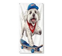 Divertente copertura per porta esterna con cane maltese, 91 x 182 cm, per skateboard, sport, casa per cuccioli, porta anteriore e posteriore, decorazione per porte d'ingresso, decorazione per interni