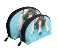 Divertente cucciolo di cane Border Collie sfondo blu, Borsa per trucco a conchiglia Portamonete da donna Borsa da toilette piccola Borsa per cosmetici 2 pezzi