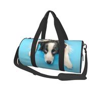 Divertente cucciolo di cane Border Collie sfondo blu, Borsone da viaggio di grande capacità Borsa rotonda Borsa da viaggio sportiva Borsa da viaggio Borsa da fitness