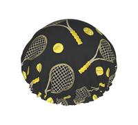 Divertente cuffia da doccia con stampa di racchette da tennis e palline da tennis per le donne leggera riutilizzabile Softdouble strati impermeabili a prova di perdite.