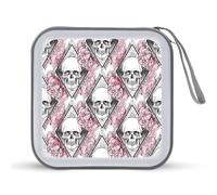 Divertente custodia per CD con teschio umano con peonia rosa, organizer per 40 DVD, collezione DVD, portafoglio per auto, casa, viaggio