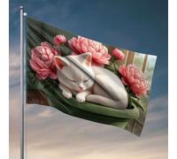 Divertente decorazione da bar con gatto bianco che dorme tra i fiori rosa in un vaso verde. Bandiera per camera da uomo Tiki bar per patio esterno (152 x 244 cm)