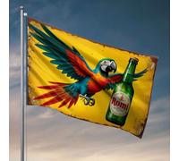 Divertente decorazione da bar un pappagallo colorato appollaiato su una bottiglia di birra Romi. Bandiera da uomo decorazione per camera da uomo Tiki bar per patio esterno (30 x 45 cm)