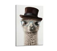 Divertente decorazione da parete con animali carini alpaca ritratti, decorazione da parete con alpaca indossa un cappello blu, opera d'arte moderna incorniciata per camera dei ragazzi, camera da letto