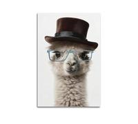 Divertente decorazione da parete con animali carini alpaca ritratti, decorazione da parete con alpaca indossa un cappello blu, opera d'arte moderna incorniciata per camera dei ragazzi, camera da letto