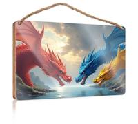 Divertente decorazione da parete per bagno con tre draghi: rosso, blu e giallo, cartello in legno per uomo e decorazione per ufficio (23 x 35 cm)