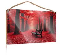 Divertente decorazione da parete per bagno, motivo: Serenità autunnale: una panchina nella foresta rossa, cartello in legno per uomo, decorazione per ufficio (20 x 30 cm)