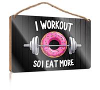 Divertente decorazione da parete per cucina con scritta "I workout, so I eat more with a donut on a bilancier", cartello in legno per camera da letto, decorazione divertente per la cucina