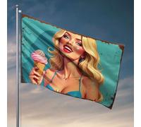 Divertente decorazione da patio donna che gode di un cono gelato rosa. Bandiera bar uomo grotta decorazione camera dormitorio uomo (120 x 180 cm)