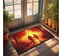 Divertente decorazione da patio, una coppia cammina mano nella mano su un sentiero fiancheggiato con alberi autunnali mentre il sole tramonta zerbino tappeto da esterno impermeabile per casa colonica