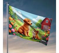 Divertente decorazione per dormitorio con Golden Retriever e un gattino seduti insieme in un giardino pieno di fiori colorati. Bandiere per camera da letto per ragazzi poster divertenti per dormitorio